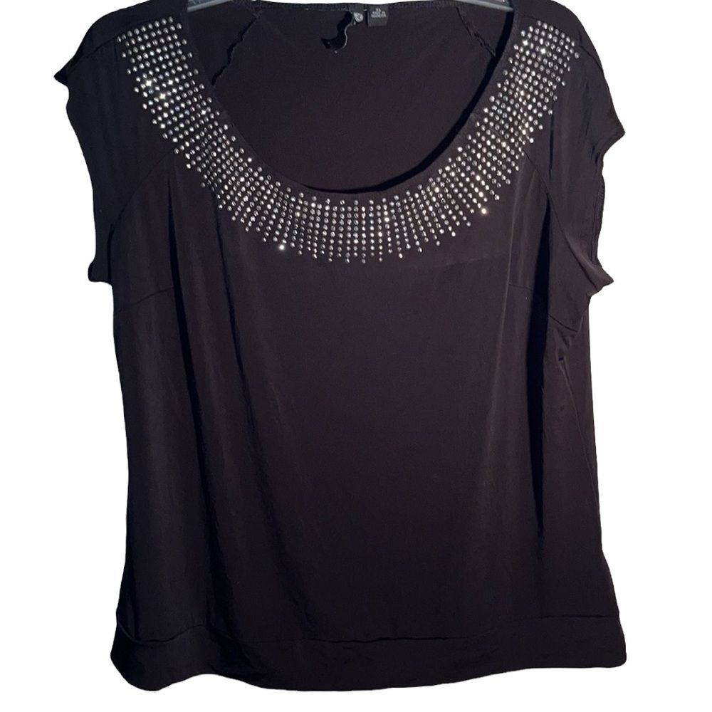 Milano Women’s Black Embellished Scoop Neck Blouse Short Sleeve Poly/Spandex